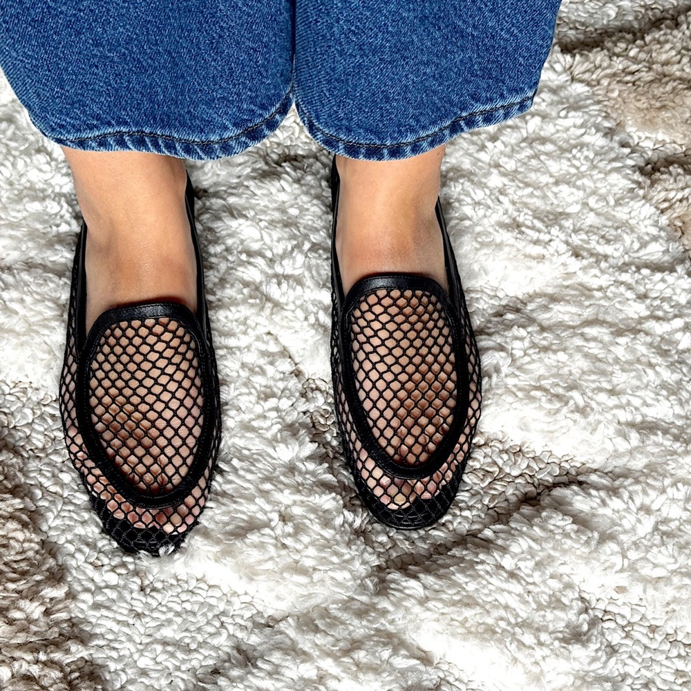 $650 AQUAZZURA Saint Germain leather-trimmed fishnet loafers mesh sheer flats
